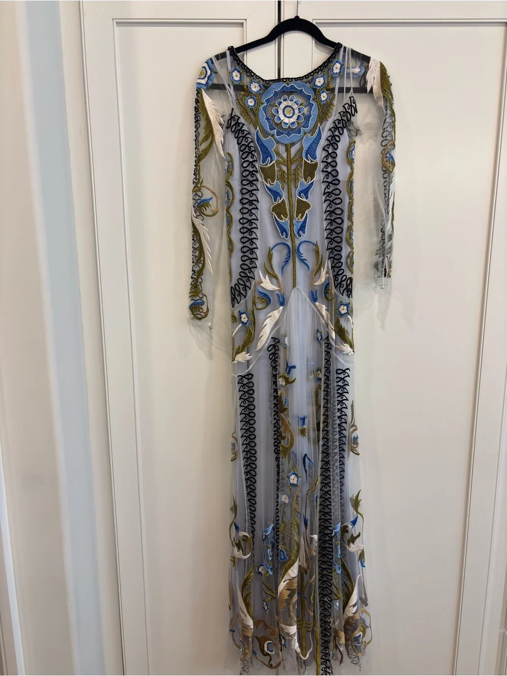 Temperley London Sheer Embroidered Maxi Dress in Blue and Olive - Picture 1 of 7